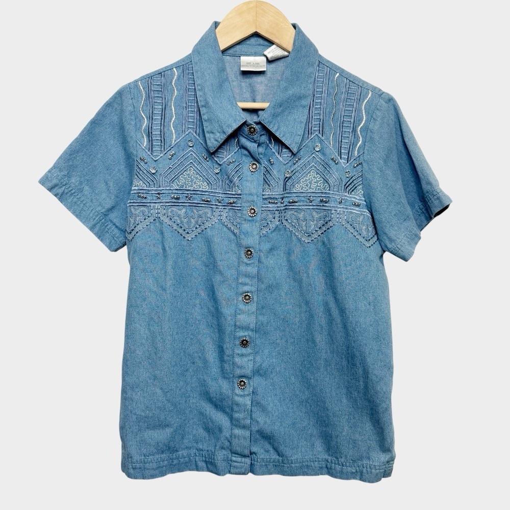 Blair Boutique Vintage Embroidered Beaded Denim Chambray Shirt XL Indie Western